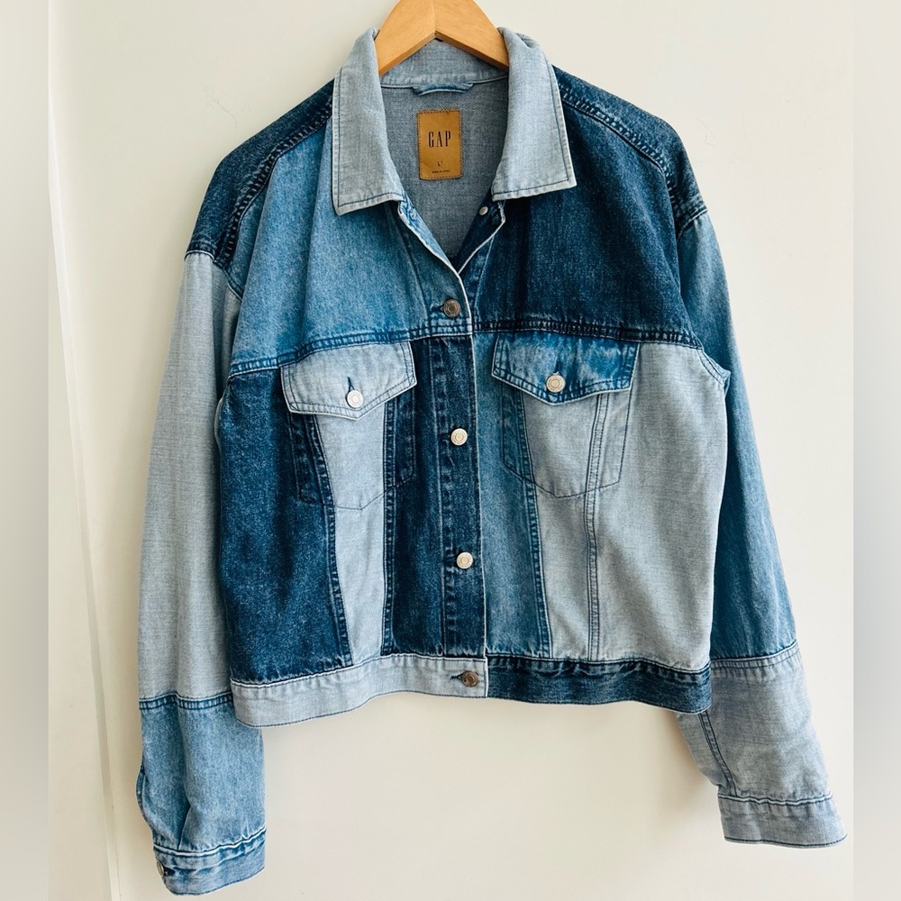 Gap Cropped Patchwork Light Denim Jacket, Large T… - image 8